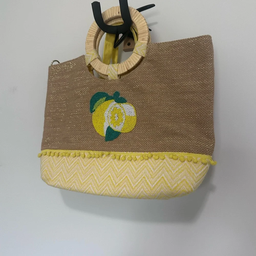 Woven Beaded Lemon Accent Tote Bag in Yellow and Tan Metallic